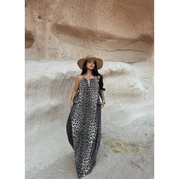 Leopar Yaka Aksesuarlı Arya Elbise