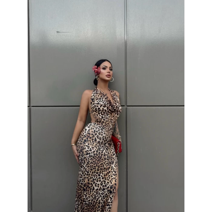 Leopar Yakası Degaje Maxi Elbise