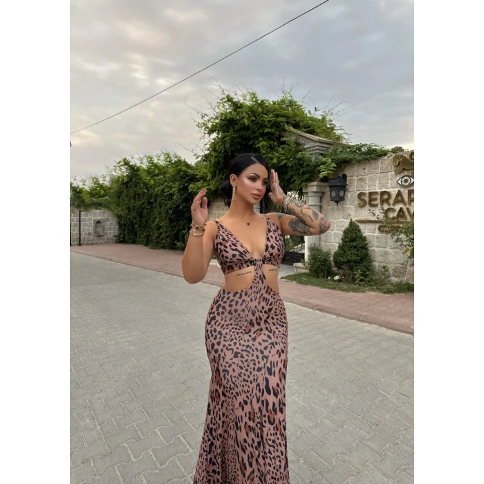 Leopar Yan Pencereli Maxi Elbise