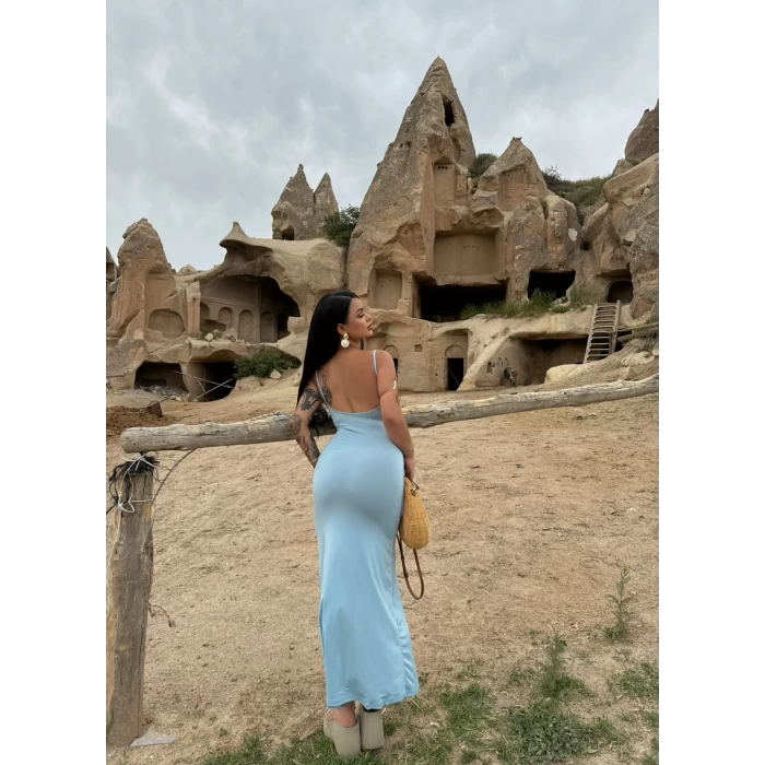 Mavi Askılı Degaje Yaka Elbise
