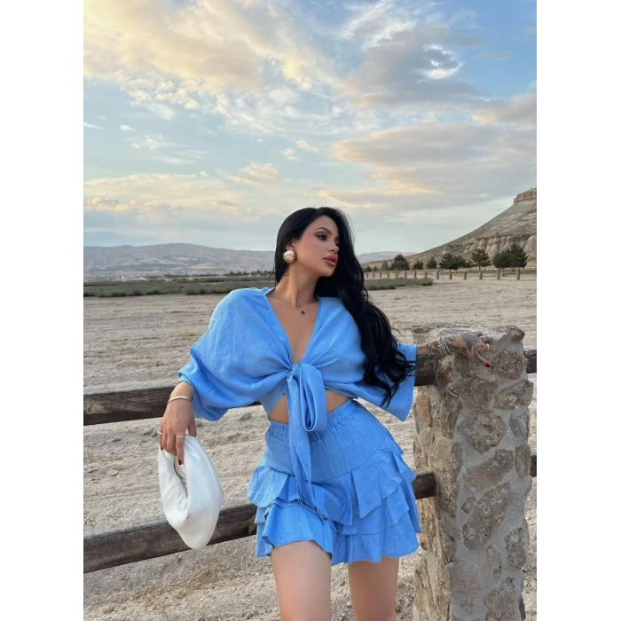 Mavi Çilek Kimono İkili Takım