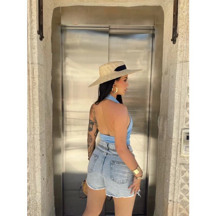 Mavi Dalgıç Boyundan Geçmeli Crop