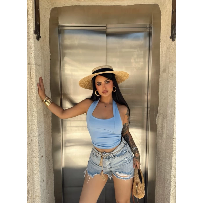 Mavi Dalgıç Boyundan Geçmeli Crop