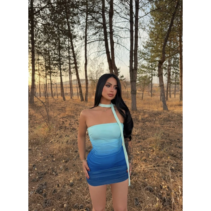 Mavi Renk Geçişli Fularlı Elbise