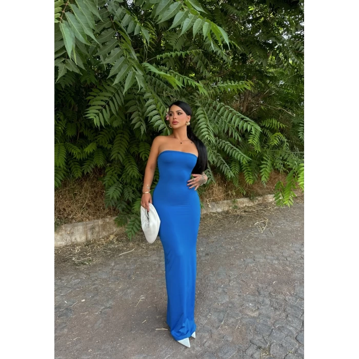 Mavi Tek Yırtmaçlı Straplez Elbise
