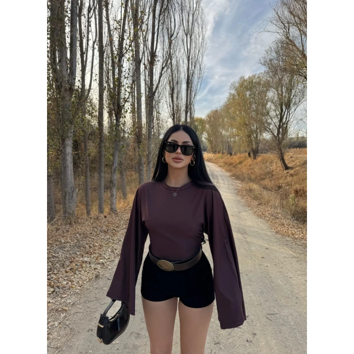 Kahve Kolları Volanlı Korseli Bluz
