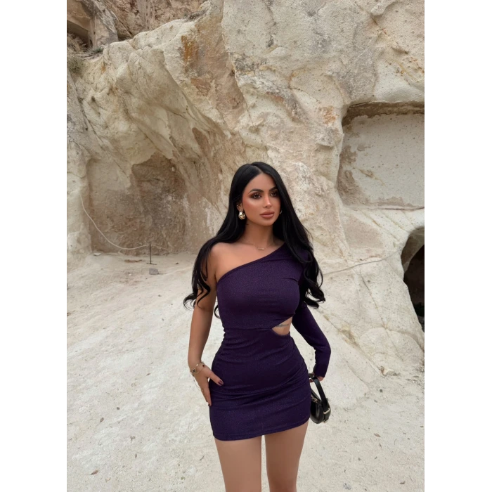 Mor Simli Yan Pencereli Elbise