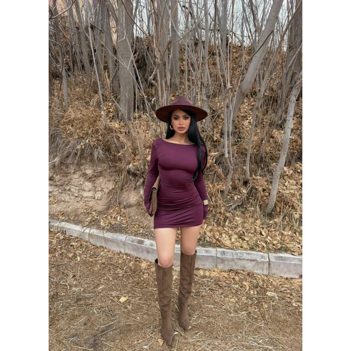 Mürdüm Sırt Açık Kayık Yaka Elbise