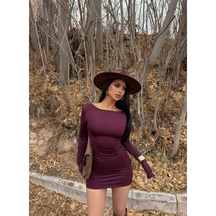 Mürdüm Sırt Açık Kayık Yaka Elbise