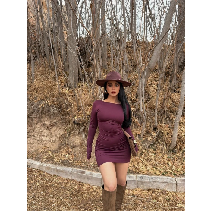 Mürdüm Sırt Açık Kayık Yaka Elbise