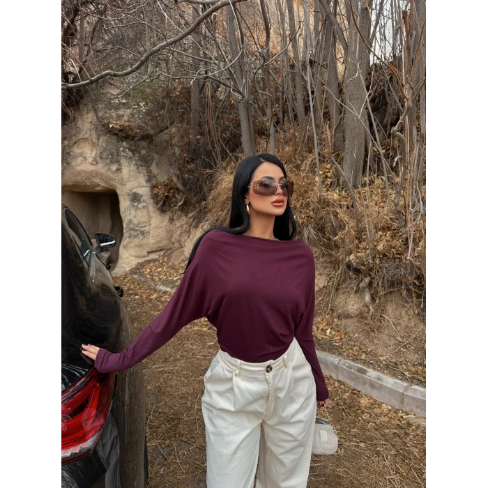 Mürdüm Yarasa Kol Kayık Yaka Bluz