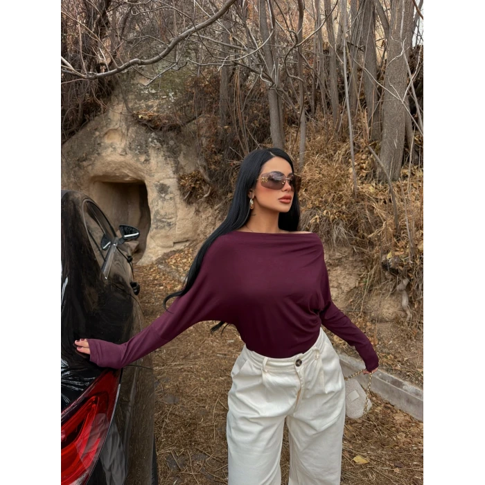 Mürdüm Yarasa Kol Kayık Yaka Bluz