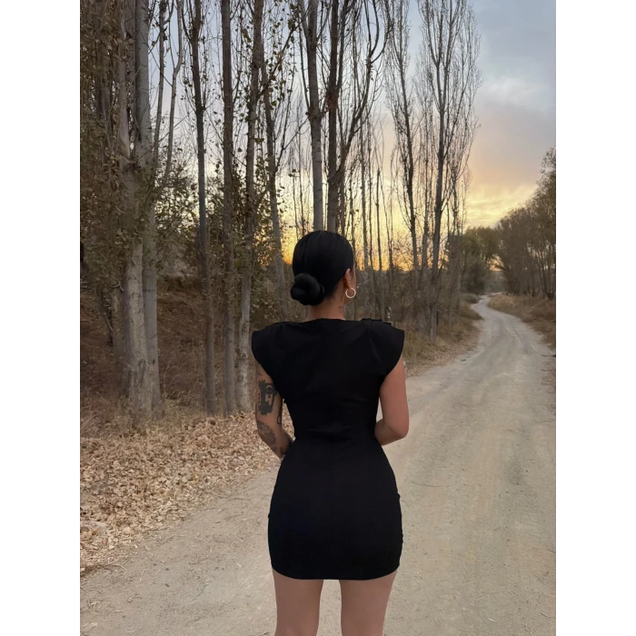 Omuz Vatkalı V Yakalı Elbise