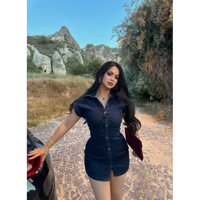 Ön Düğmeli Denim Elbise