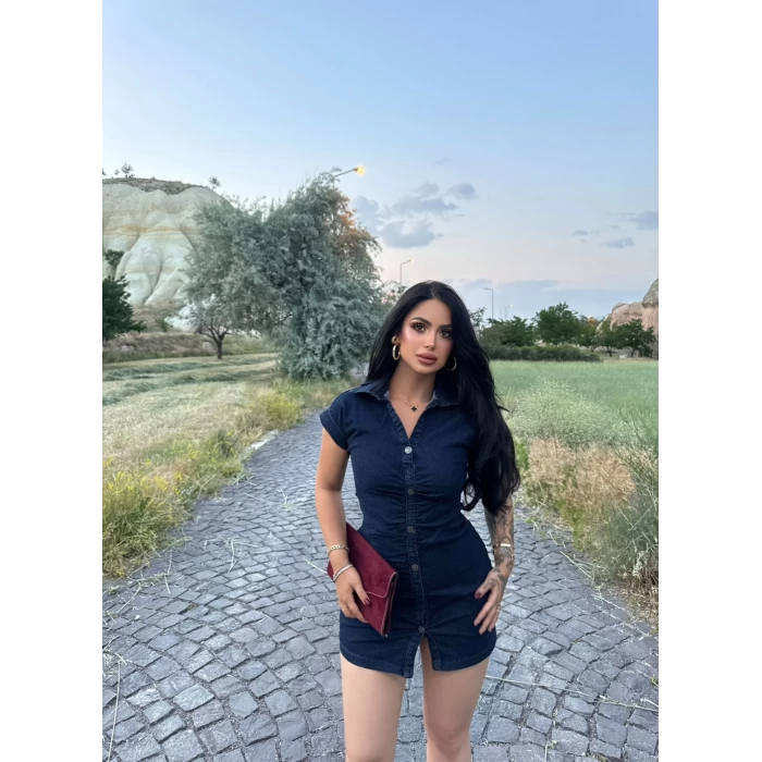Ön Düğmeli Denim Elbise