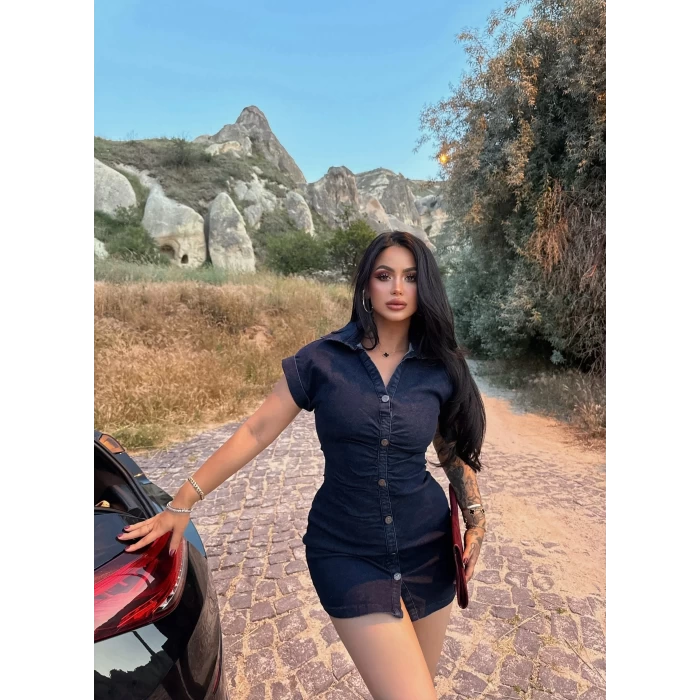 Ön Düğmeli Denim Elbise