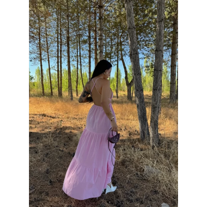 Pembe Askılı İnci Keten Elbise