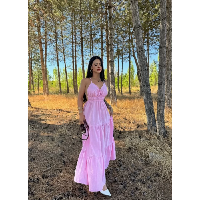 Pembe Askılı İnci Keten Elbise