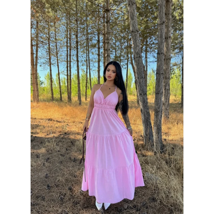 Pembe Askılı İnci Keten Elbise
