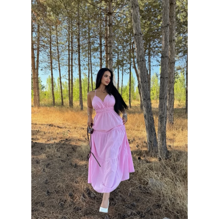 Pembe Askılı İnci Keten Elbise