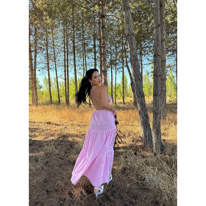 Pembe Askılı İnci Keten Elbise