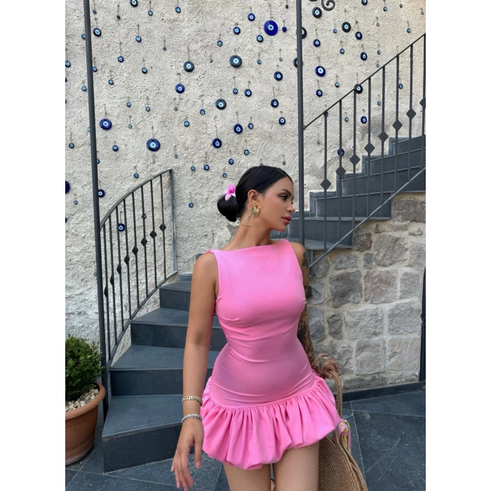Pembe Balon Etekli Askılı Elbise