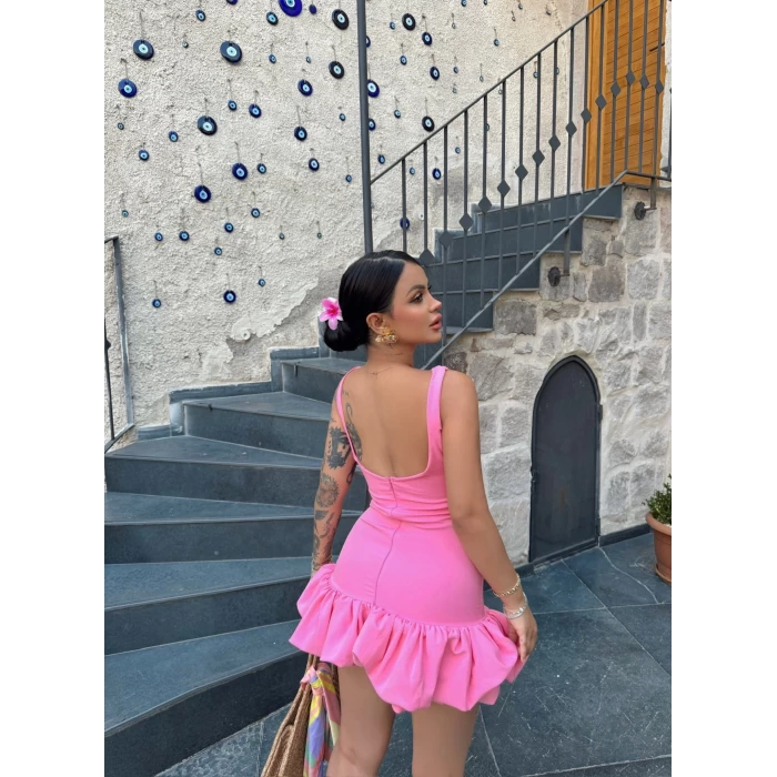 Pembe Balon Etekli Askılı Elbise