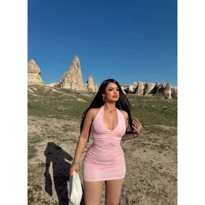 Pembe Boyundan Bağlamalı Lore Elbise