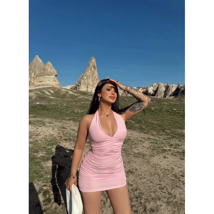 Pembe Boyundan Bağlamalı Lore Elbise