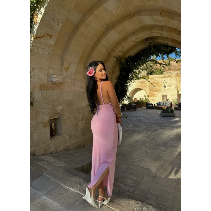 Pembe Büzgülü Halter Elbise