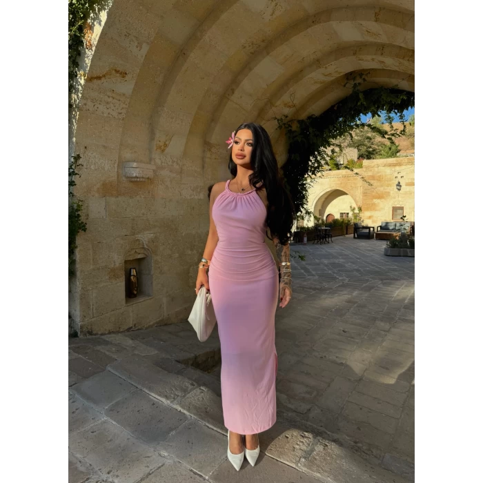 Pembe Büzgülü Halter Elbise