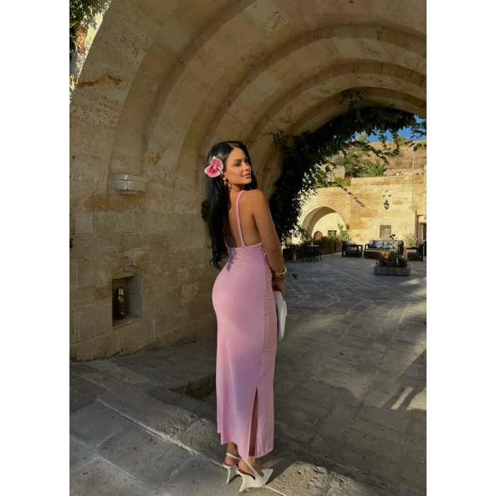 Pembe Büzgülü Halter Elbise
