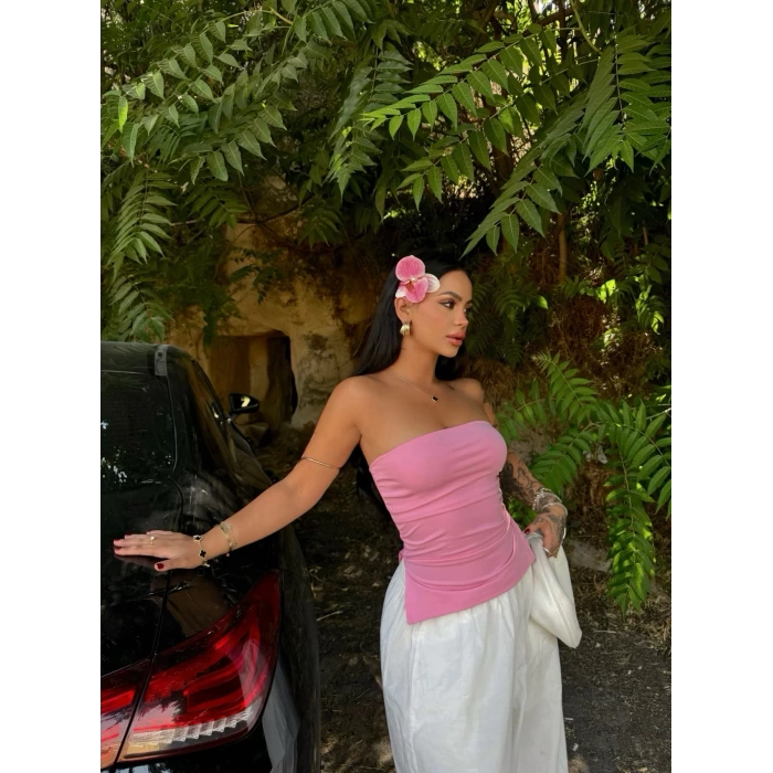 Pembe Çift Yırtmaçlı Straplez Crop