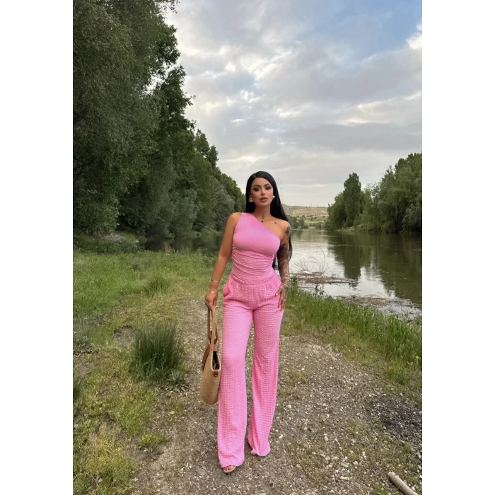 Pembe Gofre Tek Omuz İkili Takım