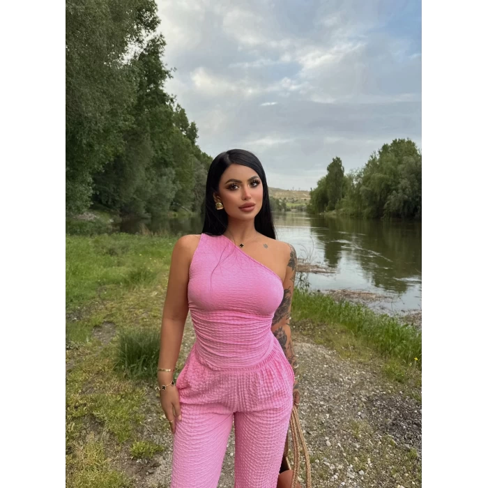 Pembe Gofre Tek Omuz İkili Takım