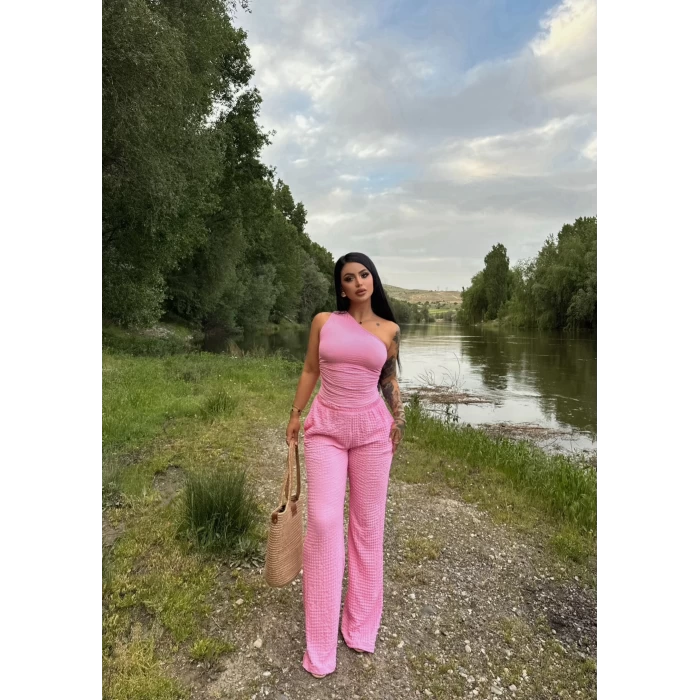 Pembe Gofre Tek Omuz İkili Takım
