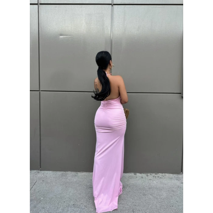 Pembe Göğüs Büzgülü Maxi Elbise