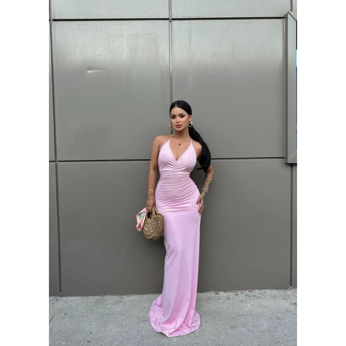 Pembe Göğüs Büzgülü Maxi Elbise