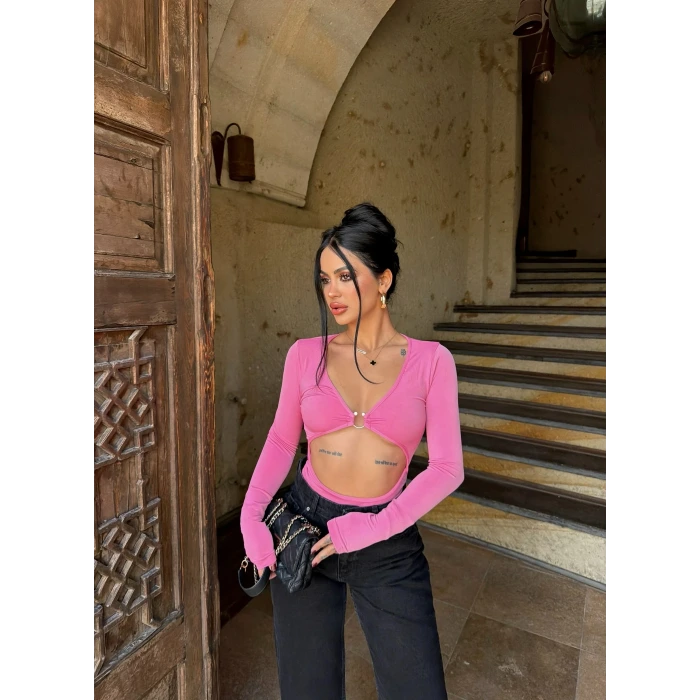 Pembe Göğüs Halkalı Dekolte Bodysuit