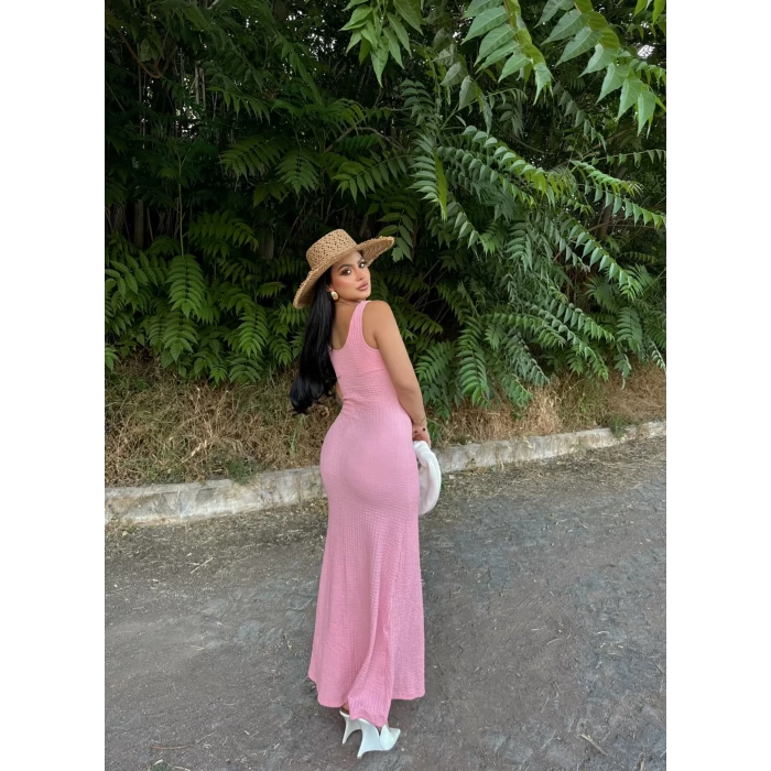 Pembe Halter Gofre Elbise