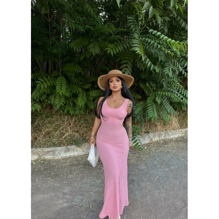 Pembe Halter Gofre Elbise