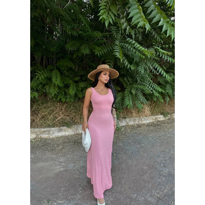 Pembe Halter Gofre Elbise