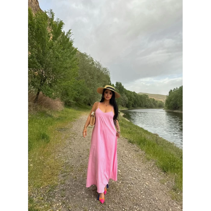 Pembe İçi Astarlı Pamuklu Viskon Elbise