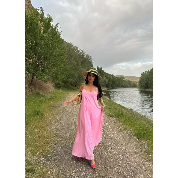 Pembe İçi Astarlı Pamuklu Viskon Elbise