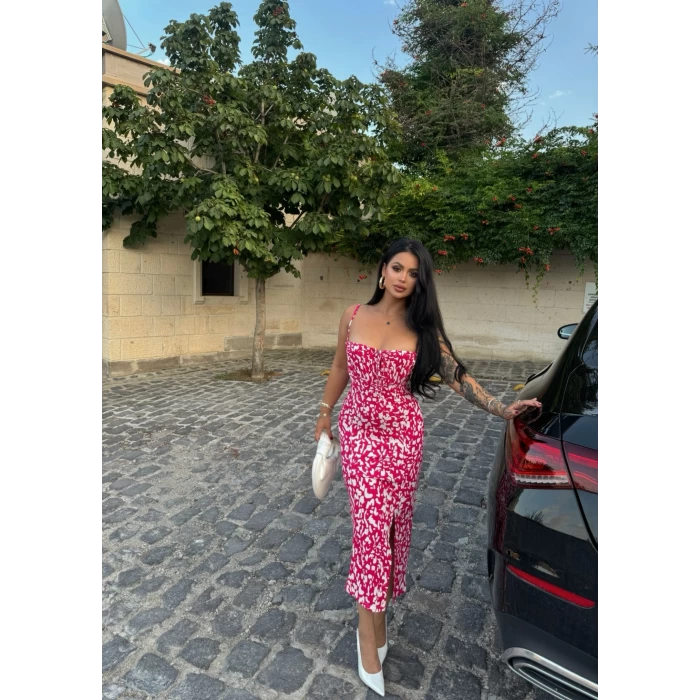 Pembe Krinkıl Dokuma Yırtmaçlı Elbise