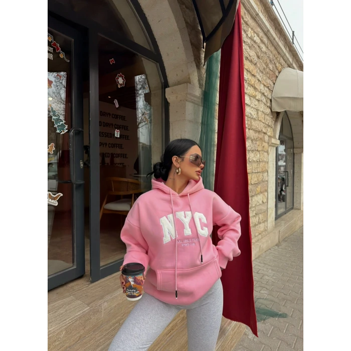 Pembe Nyc Şardonlu Oversize Sweat