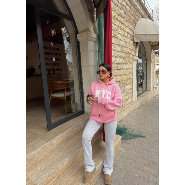 Pembe Nyc Şardonlu Oversize Sweat