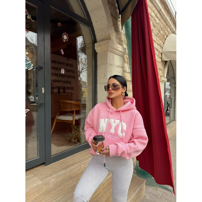 Pembe Nyc Şardonlu Oversize Sweat