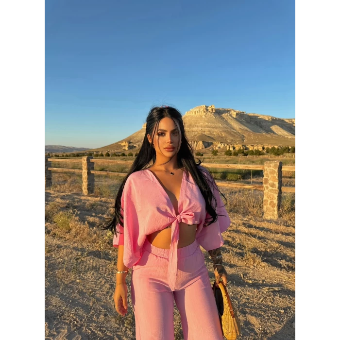 Pembe Önden Bağlamalı Çilek İkili Takım