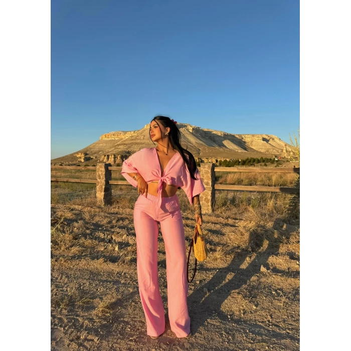 Pembe Önden Bağlamalı Çilek İkili Takım